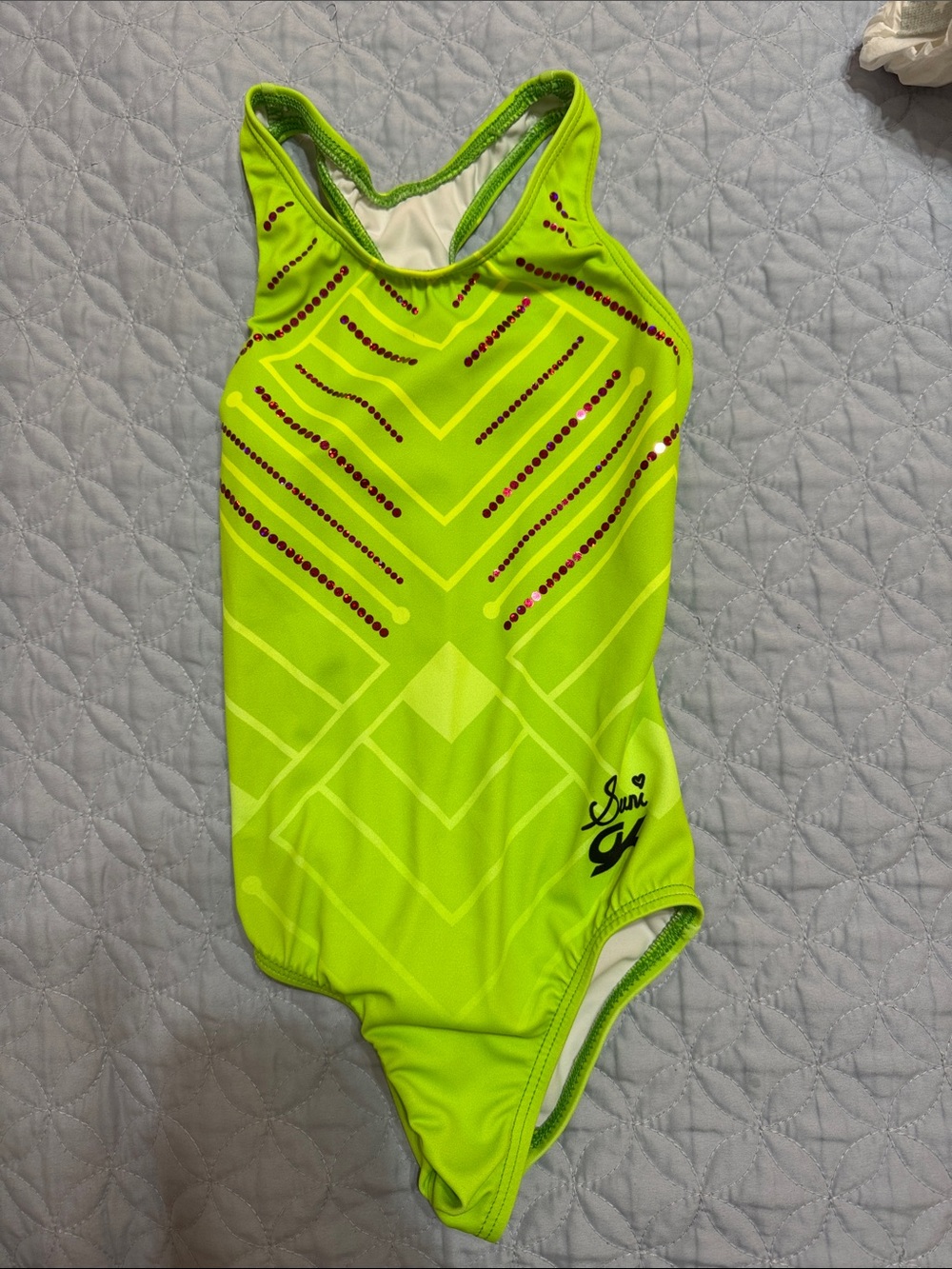 GK Neon Lime Performance Leotard with Red Rhinestone Accents